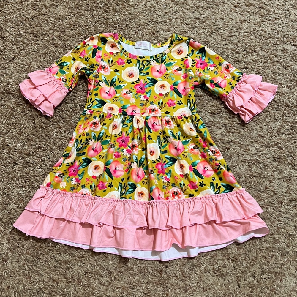 Clover Cottage Baby Boutique Floral Print Ruffled Little Girl Dress Holiday 3T